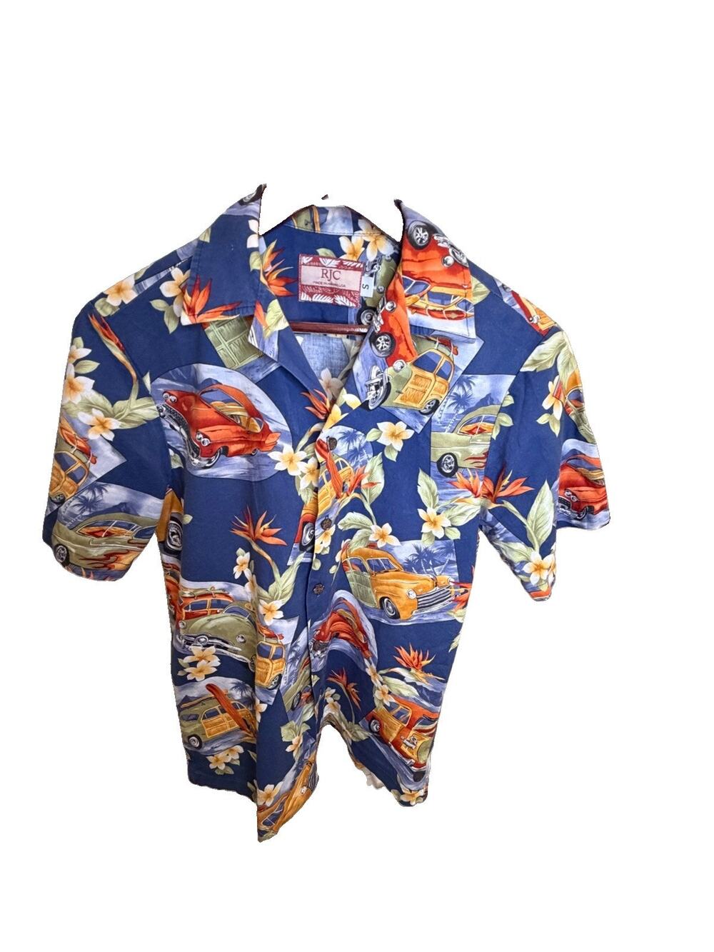 RJC Hawaii Men’s Small Hawaiian Shirt Classic Cars Hot Rod Floral Aloha USA